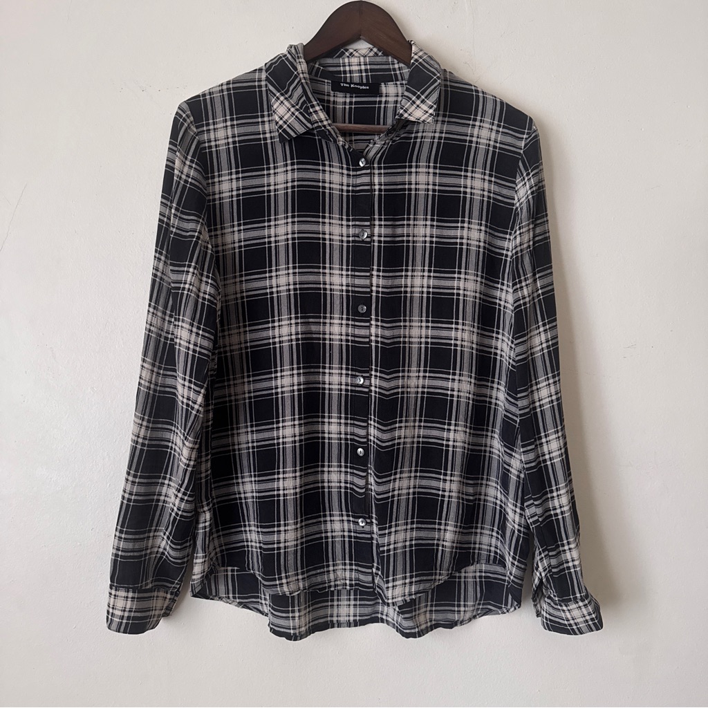 The Kooples Silk Black/Beige Plaid Print Button Up Collared Blouse - Size M